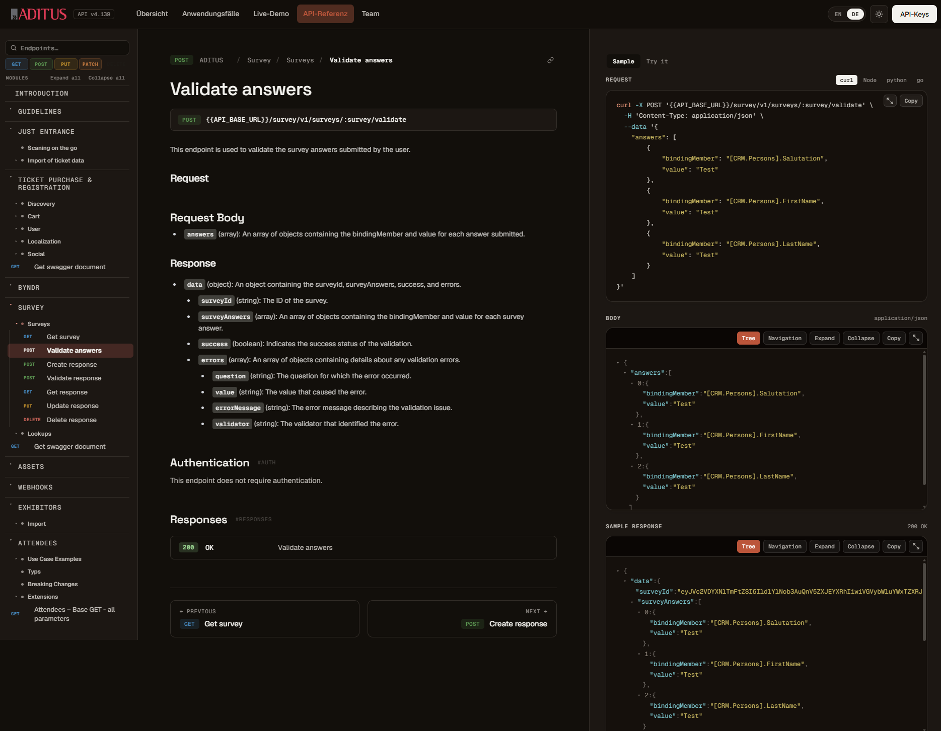 Die vollständige API-Referenz: jeder Endpunkt mit Live-Beispielen in curl, Node, Python und Go.