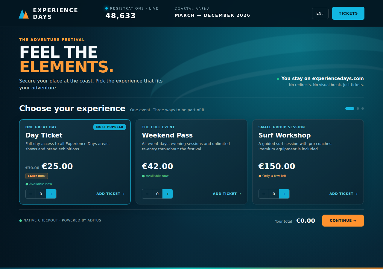 Experience Days event page with the embedded ticket shop showing ticket categories, article details, prices and quantity controls