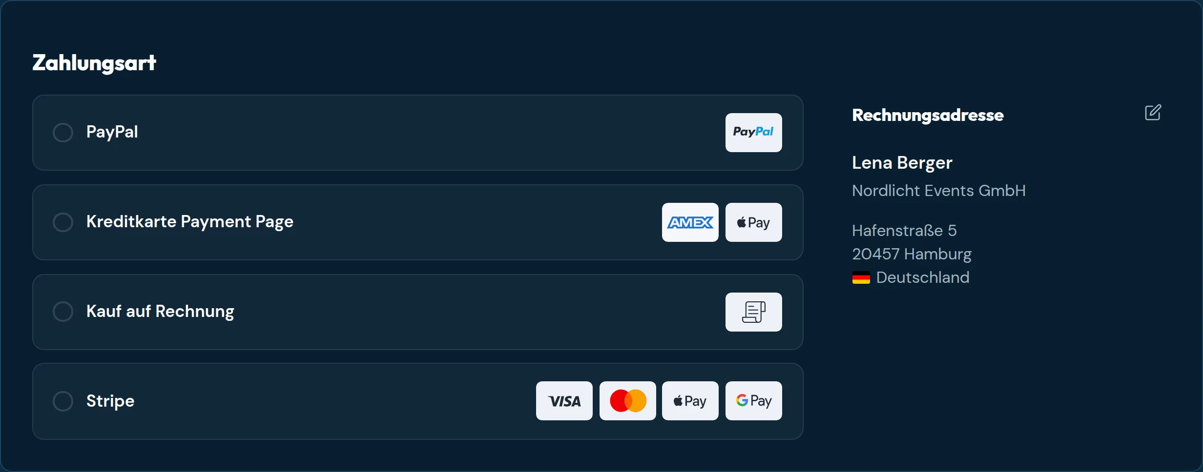 付款步骤，包含 PayPal、银行卡、发票等支付方式以及账单地址。